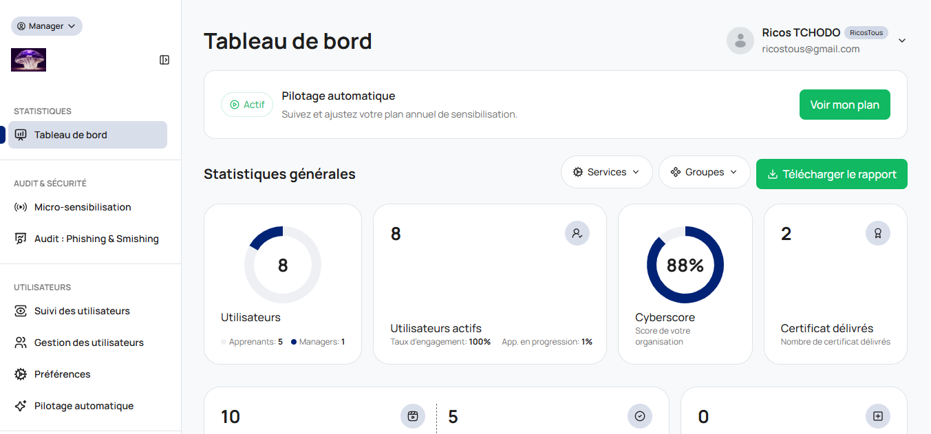 Vue d'ensemble de l'interface Manager (sidebar + dashboard)