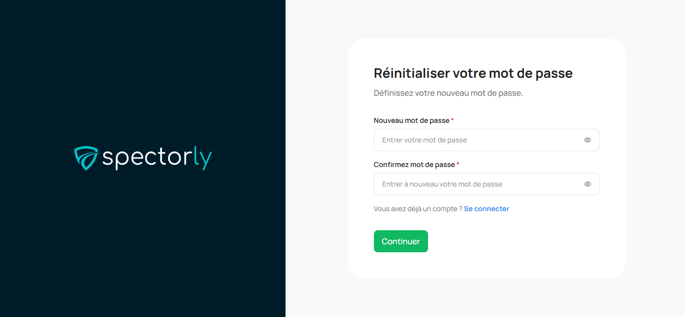 Formulaire de définition du nouveau mot de passe