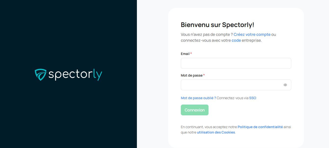 Page de connexion Spectorly avec lien Créer un compte
