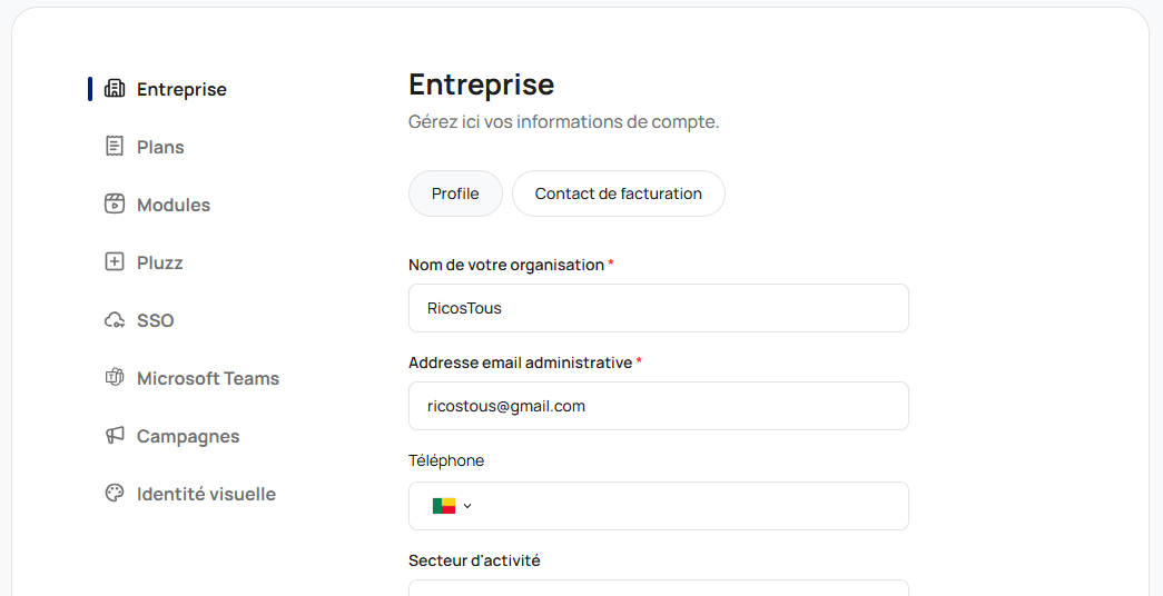 Page Préférences de l'organisation — vue d'ensemble
