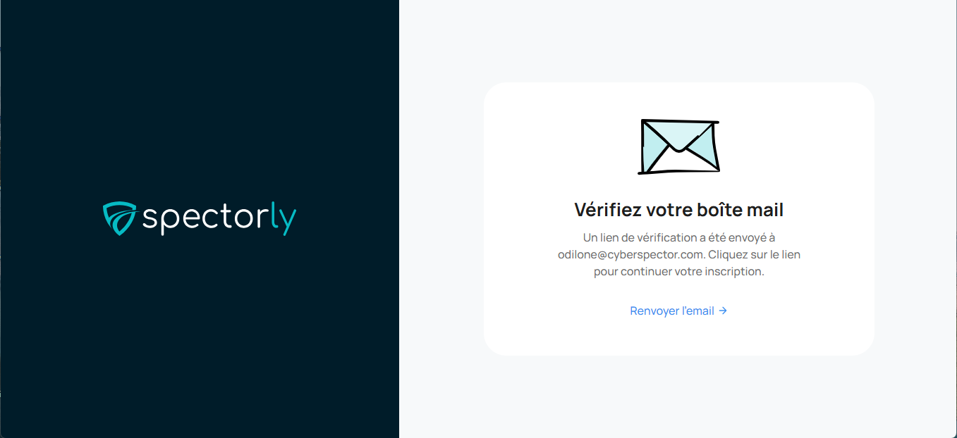 Écran de confirmation d'envoi email de vérification