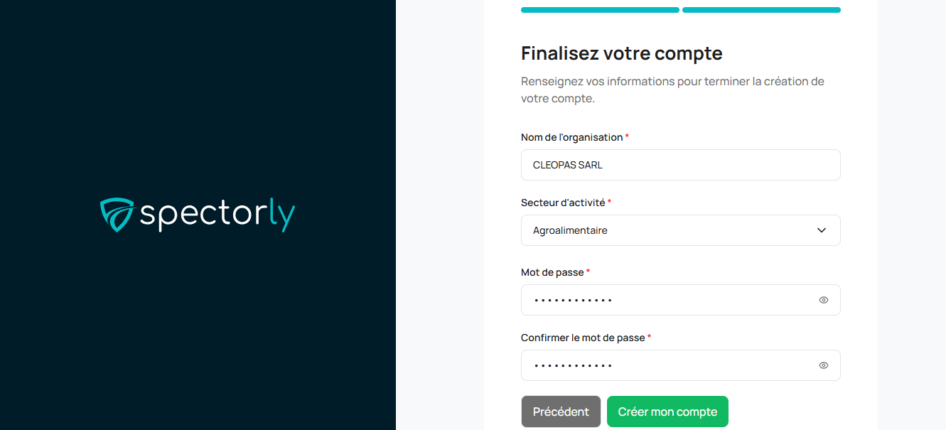 Formulaire — Organisation et mot de passe