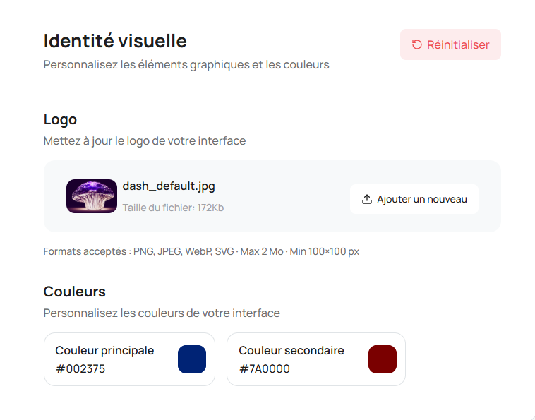 Onglet Identité visuelle — configuration branding