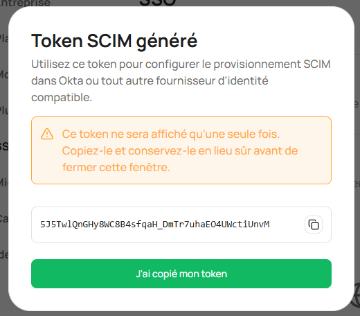 Token SCIM généré — fenêtre de récupération
