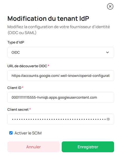 Modification du tenant IdP — configuration OIDC