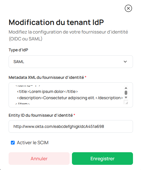 Modification du tenant IdP — configuration SAML