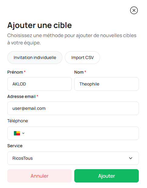 Formulaire d'ajout d'une cible
