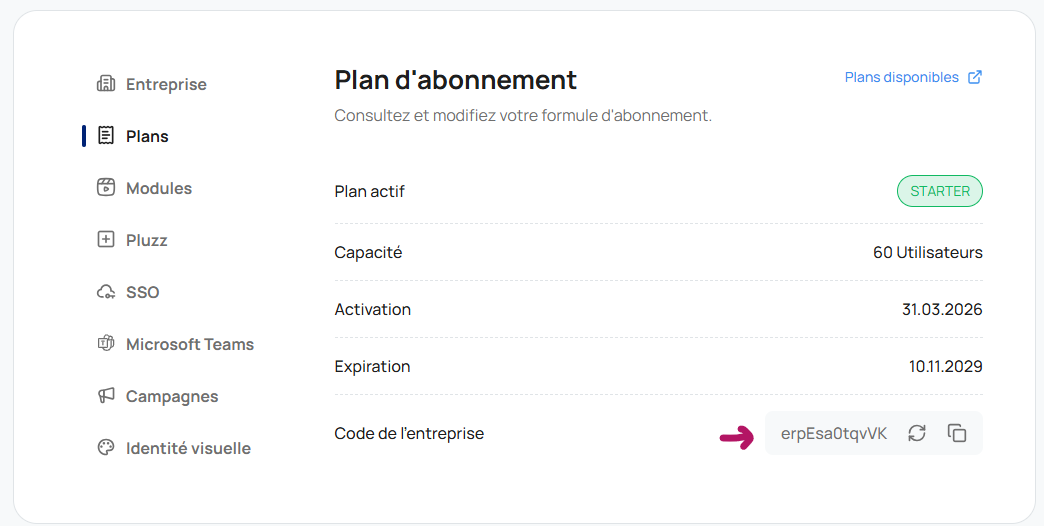Emplacement du code entreprise dans les Préférences