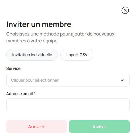 Formulaire d'invitation d'un utilisateur