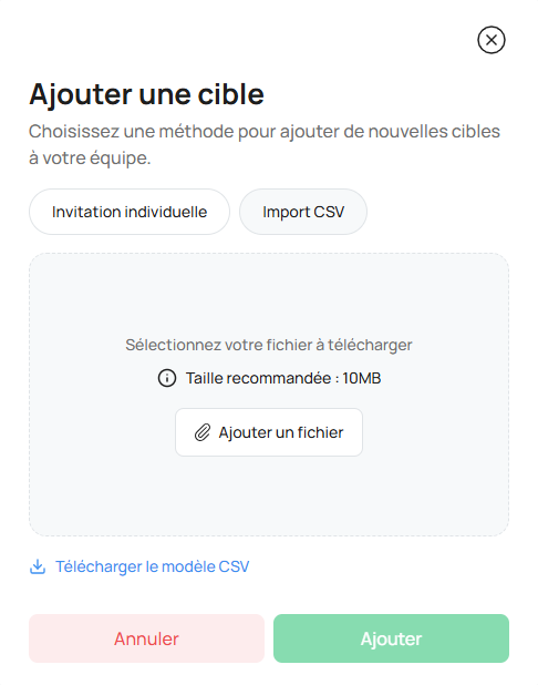 Écran d'import CSV
