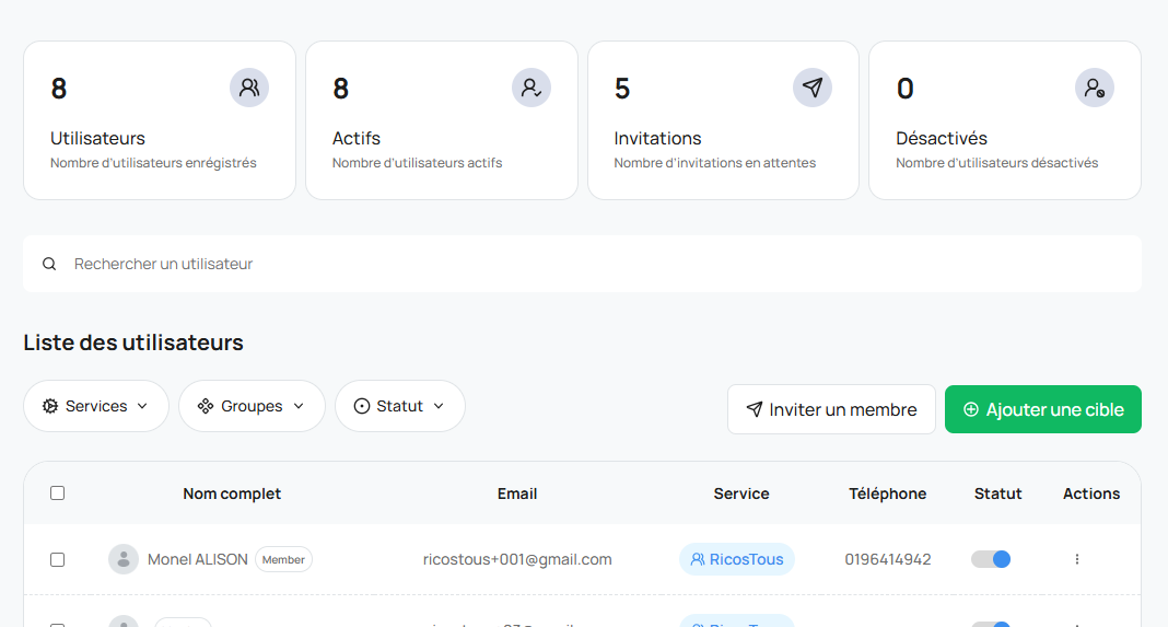 Vue principale — Gestion des utilisateurs