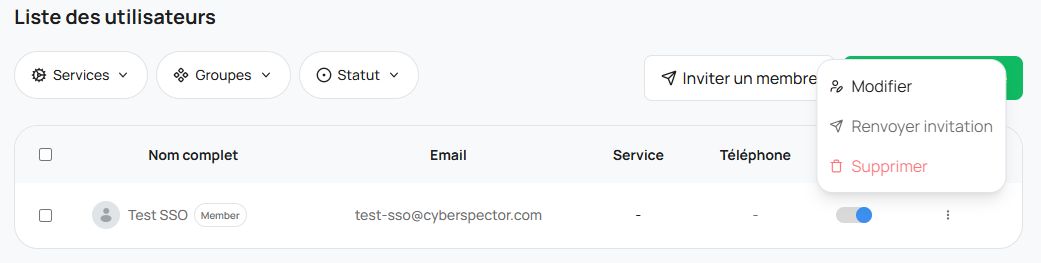 Menu Actions avec bouton Supprimer