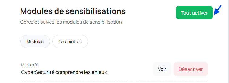 Bouton d'action bulk pour activer/désactiver tous les modules