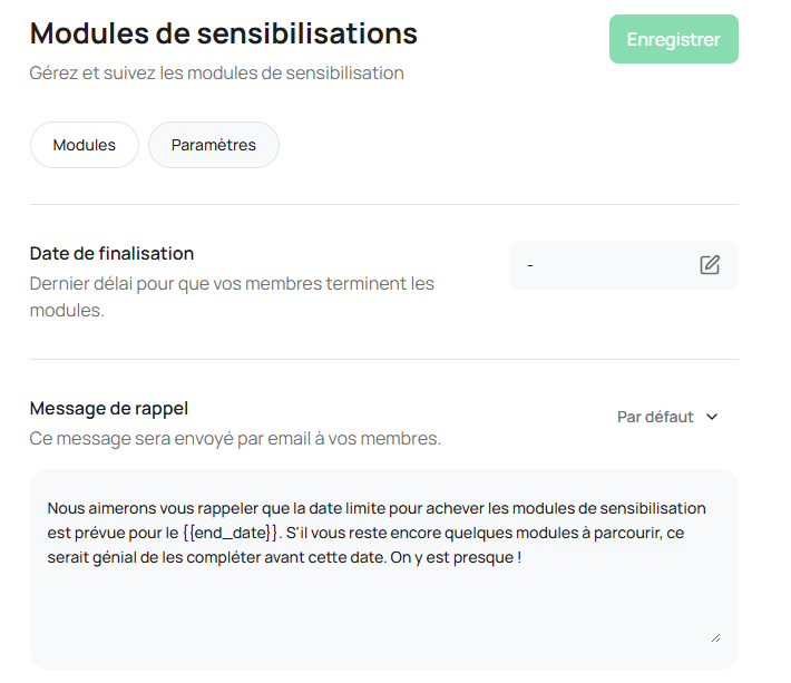 Onglet Paramètres — configuration deadline et message de rappel