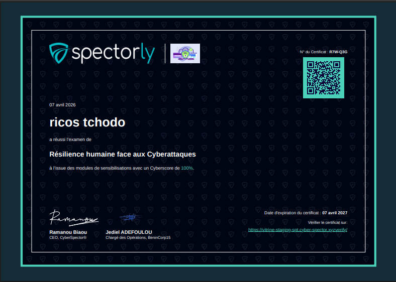 Exemple de certificat Spectorly