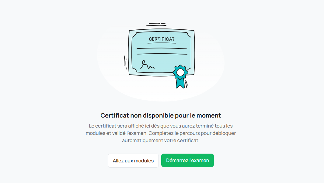 Menu Mon certificat — état vide (avant obtention)