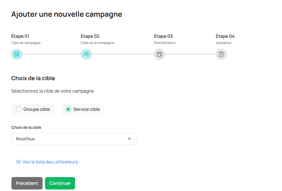 Wizard Étape 2 — choix de la cible (groupe ou service)
